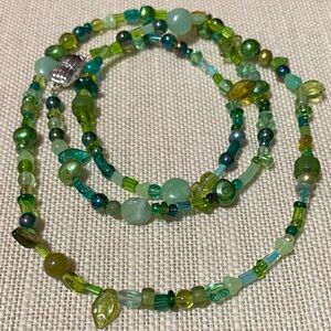 Handcrafted assorted Green gemstone crystal and pearl Beaded 34” Necklace